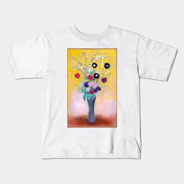 Flowers In Glass Vase Against Golden Yellow Background, Odilon Redon 1916 Kids T-Shirt by rocketshipretro